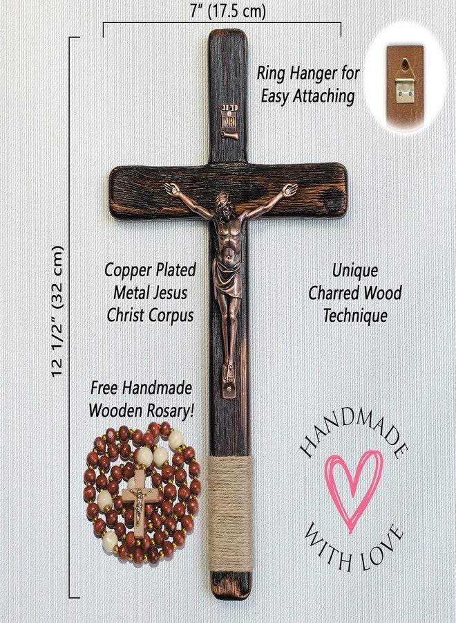 Asterom Rustic Crucifix Wall Cross - Handmade Wooden Catholic Crucifix Unique Charred Oak Technique - 12 Inch - Image 5